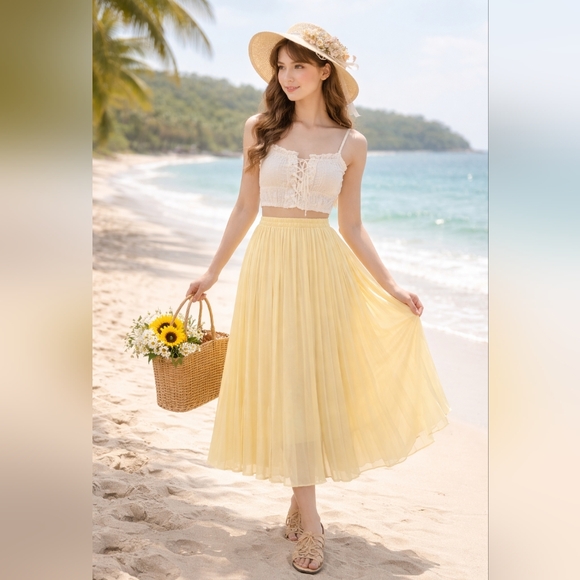 Dresses & Skirts - Sadie & Love Butter Yellow Pleated Midi Skirt Size XL Elastic Waist Chiffon